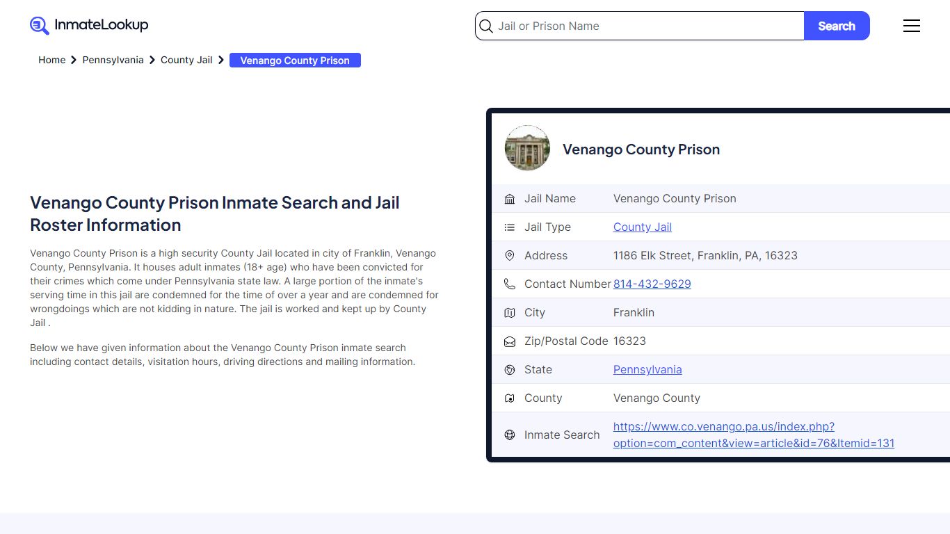 Venango County Prison Inmate Search and Jail Roster Information